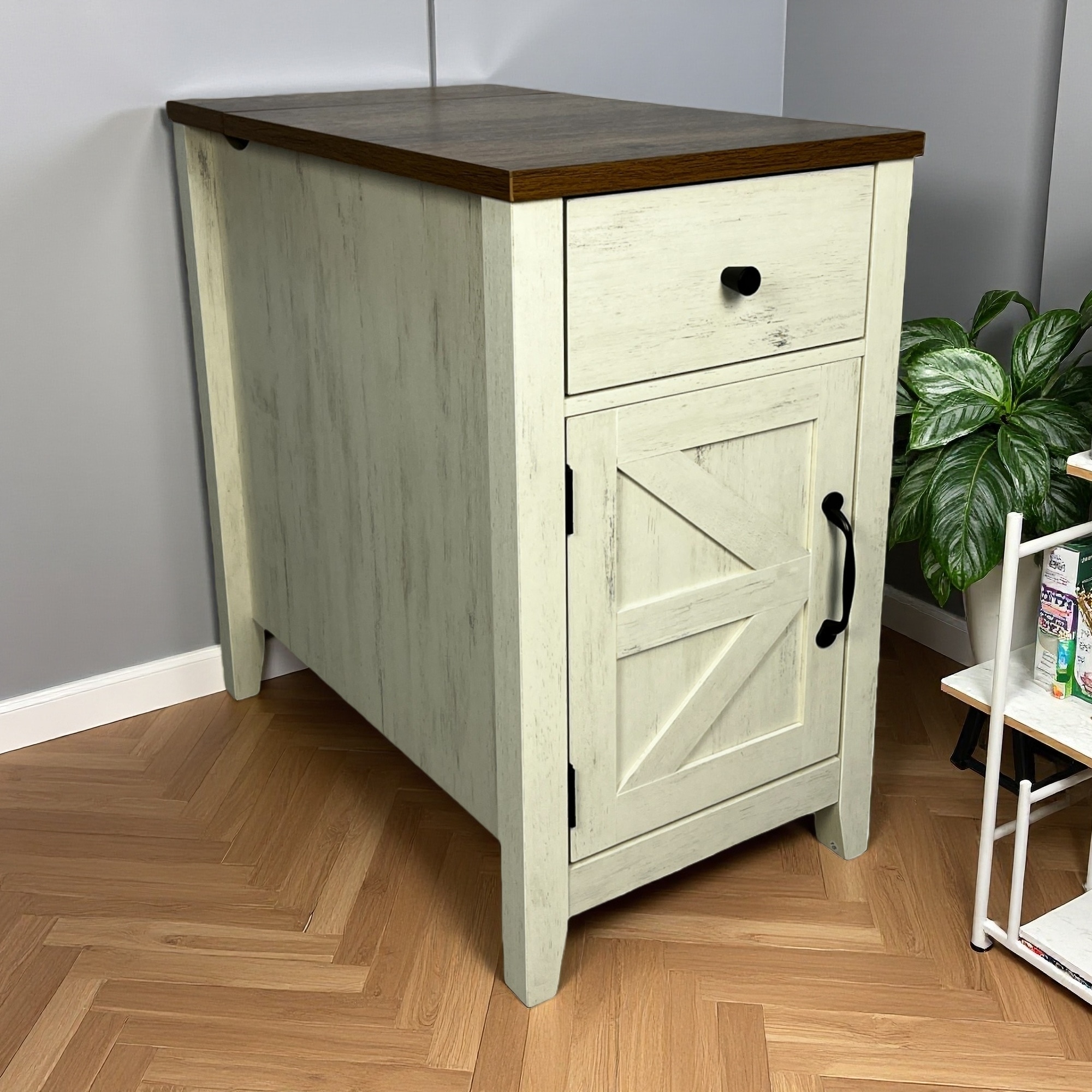 13.78"L Particleboard Farmhouse End Table with Charging Station, Barn Door Nightstand with Drawer & Storage Cabinet
