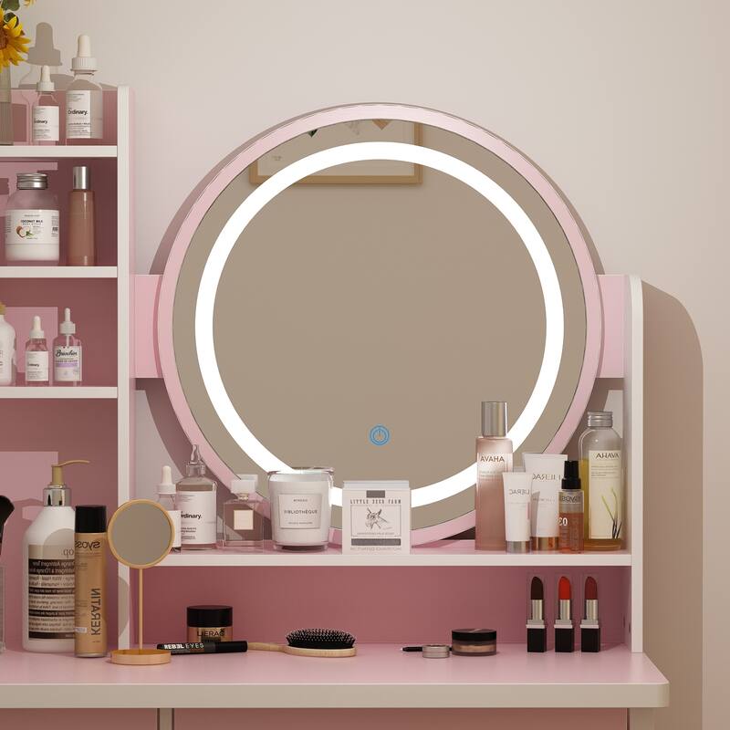 31.5'' W Makeup Vanity Set with Stool and Mirror LED Light Dressr - On ...