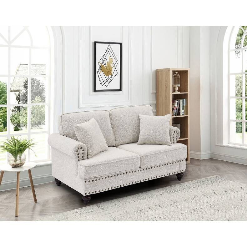 82" Modern 2 Seater Upholstered Sofa Couch with 2 Pillow,Nailhead Trim, Armrests and High Elastic Sponge Cushions - White+61''