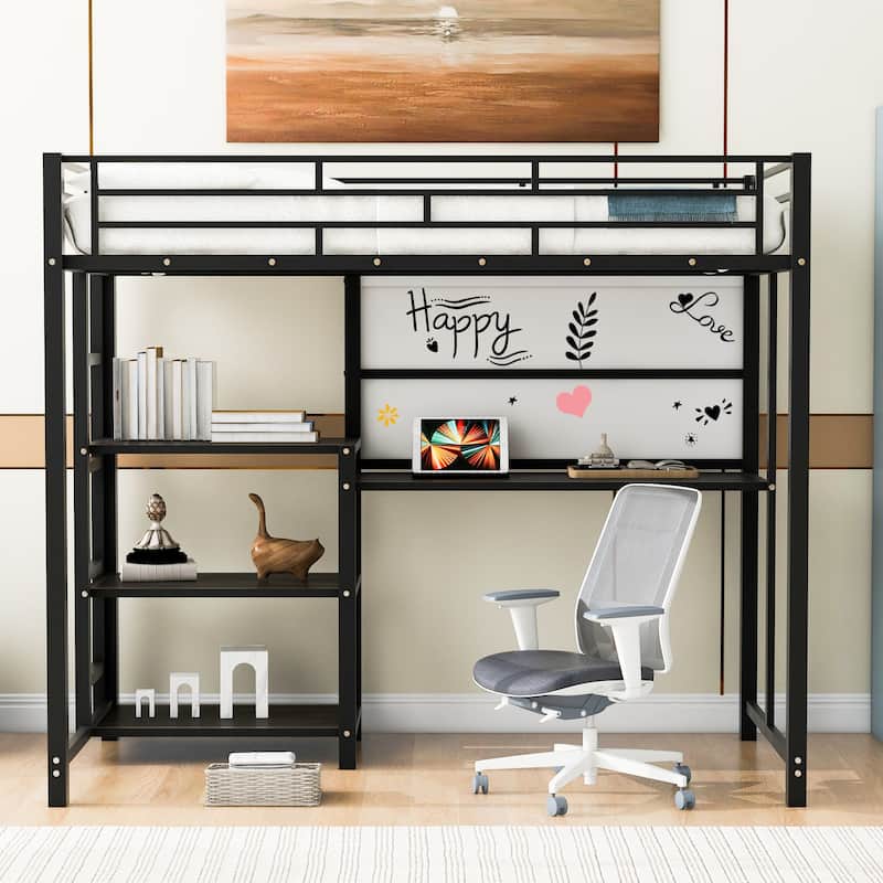 Roomfitters Twin Size Loft Bed with Desk and Whiteboard, Metal Loft Bed with 3 Shelves and Ladder, Durable & Easy to Assemble