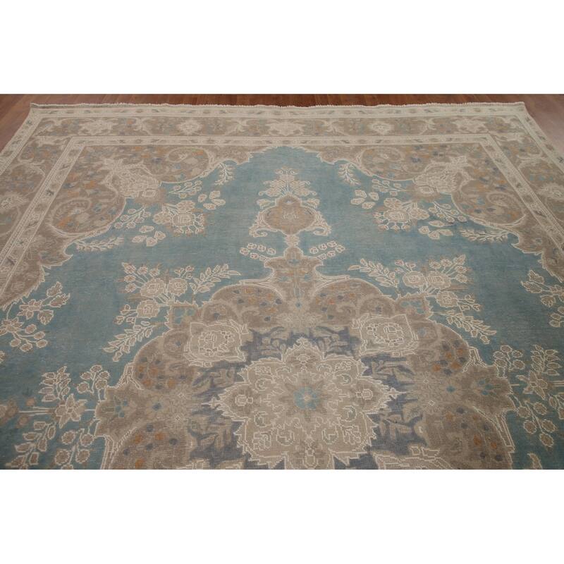 Hand Knotted Oriental 100% Wool Carpet Traditional Floral Navy Blue & Blues Tabriz Area Rug - 13' 0'' X 9' 8''