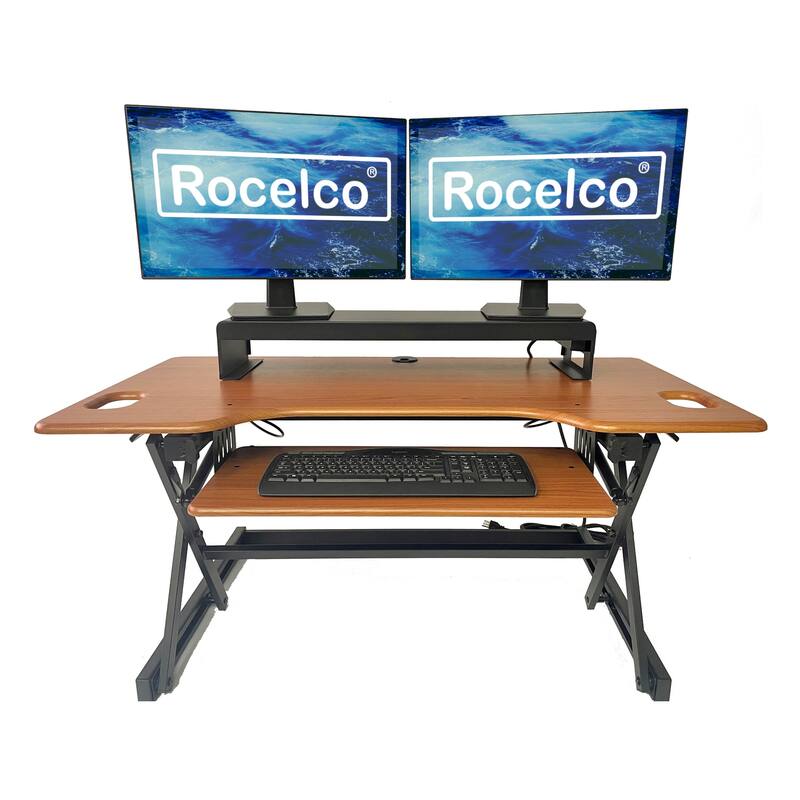 Rocelco 46 in. W Beige Height Adjustable Standing Desk Converter with Double Monitor Mount Stand and Deep Keyboard Tray