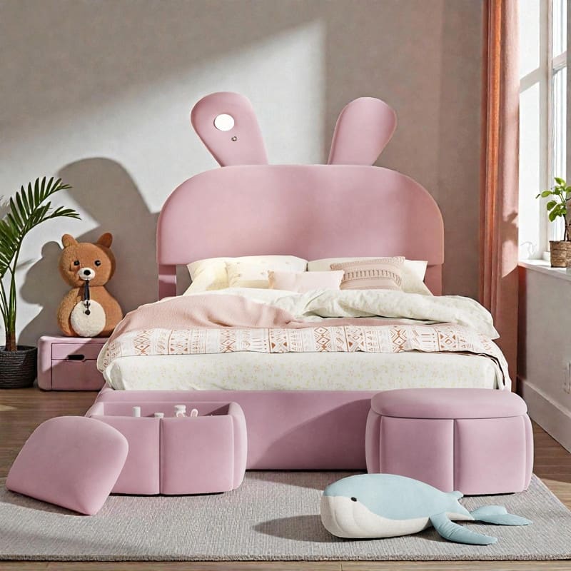 Full Size Upholstered Platform Bed with Cartoon Ears Headboard & Built-In Light