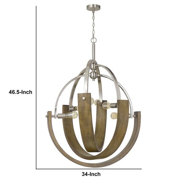 6 Bulb Metal and Wooden Chandelier, Silver and Brown Bed Bath