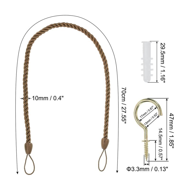 6pcs Curtain Tiebacks Ropes, Decorative Tie Backs with Hooks & Bolts - Khaki
