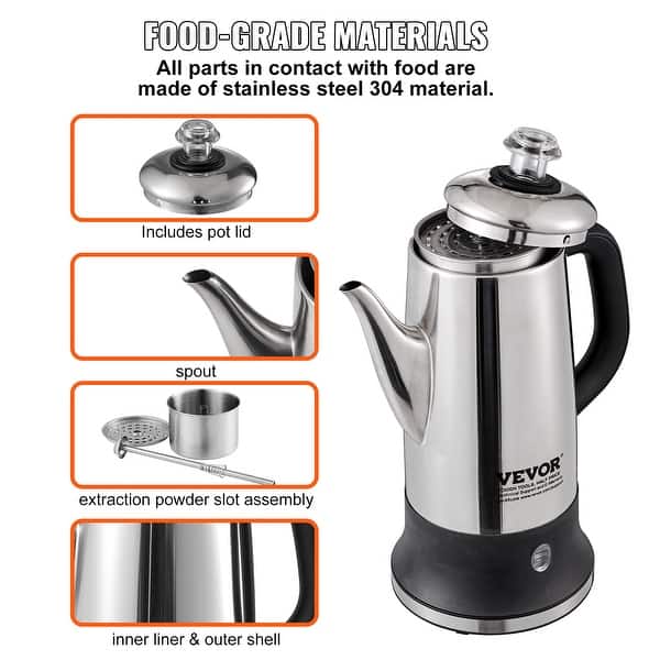 Kffkff 12-Cup Electric Percolator Coffee Pot Stainless Steel Coffee Maker Silver