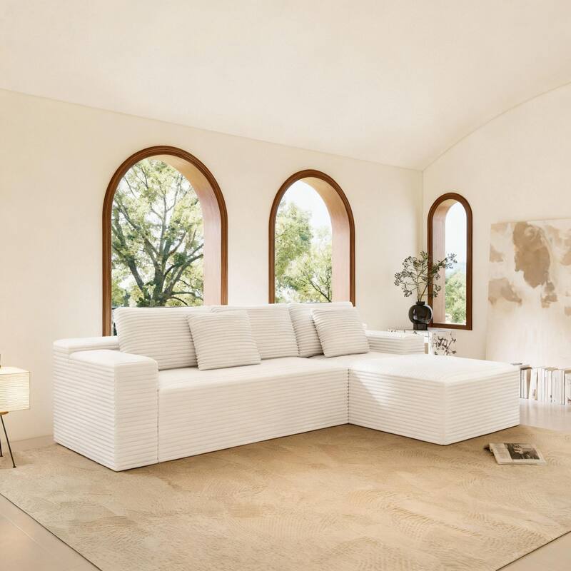 Modular Sectional Sofa with L-Shape Chaise Lounge, Corduroy Upholstered Cloud Couch, Full Compression Deep Seat Corner Sofa - White