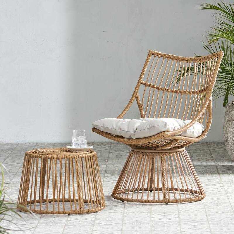 Caryl Outdoor Wicker Chair and Side Table Set with Cushion by Christopher Knight Home - Light Brown