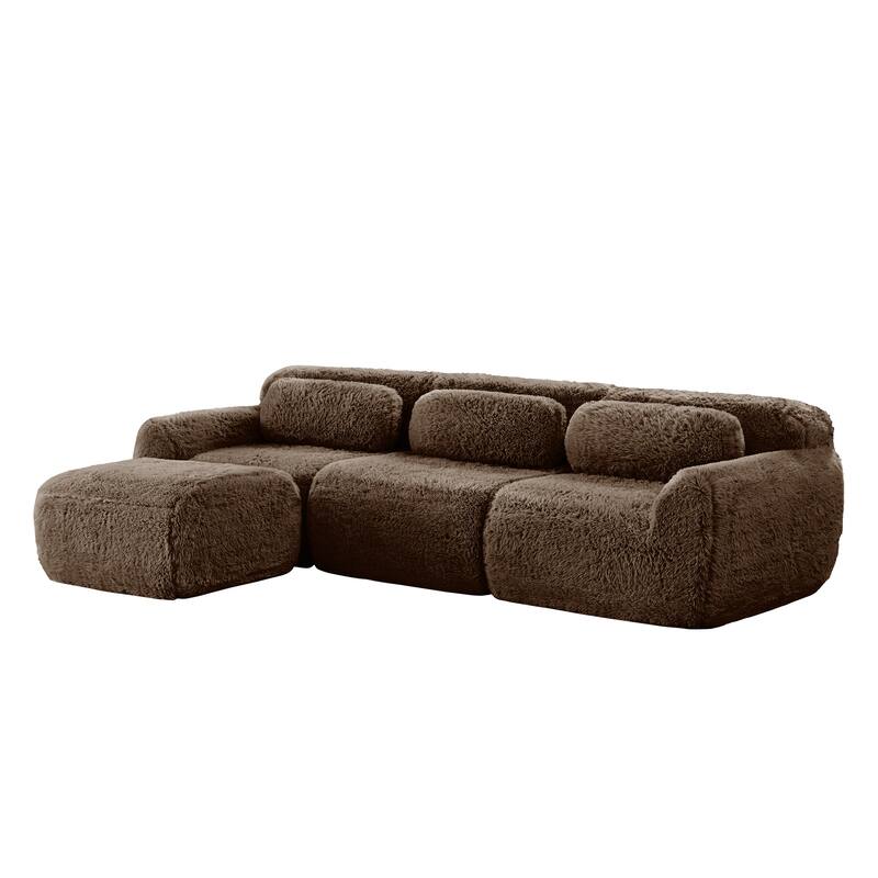 Anmytek Modern L-Shaped Boneless Sofa - Soft Fluffy Plush 32D High Density Sponge with Throw Pillows Movable Ottoman