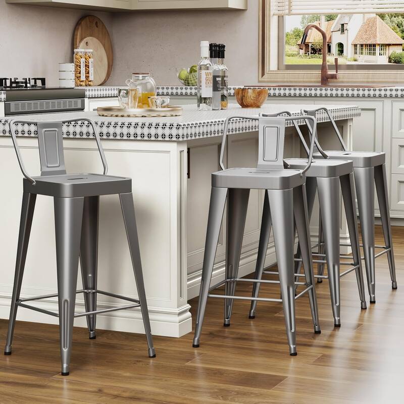 Metal Counter & Bar Stools Set of 4, 26" and 30" Seat Height Barstools with Metal Frame and Low Back for Kitchen lsland - Silver - Counter Height - Set of 4