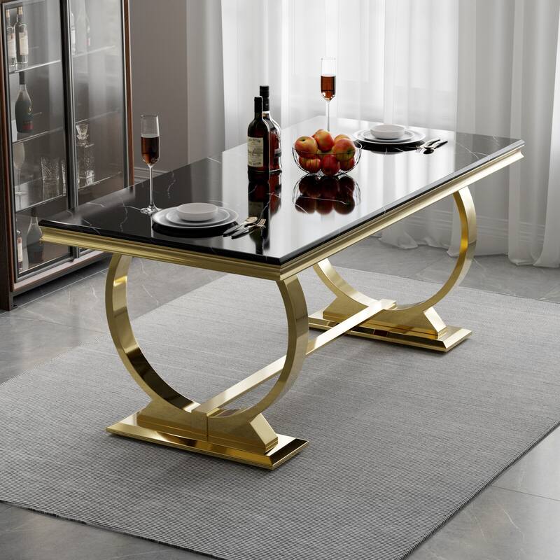 Luxury Dining Table with Polished Metal Circle Base - 72 Inch - Black