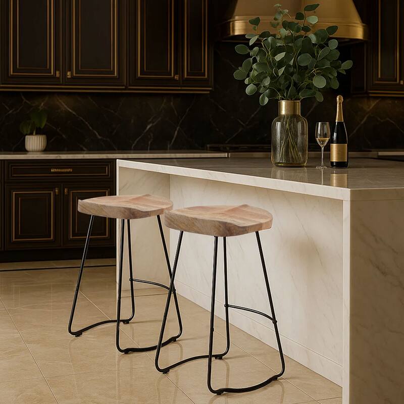 Tiva 30 Inch Handcrafted Backless Barstool, Natural Brown Mango Wood Saddle Seat, Black Metal Base