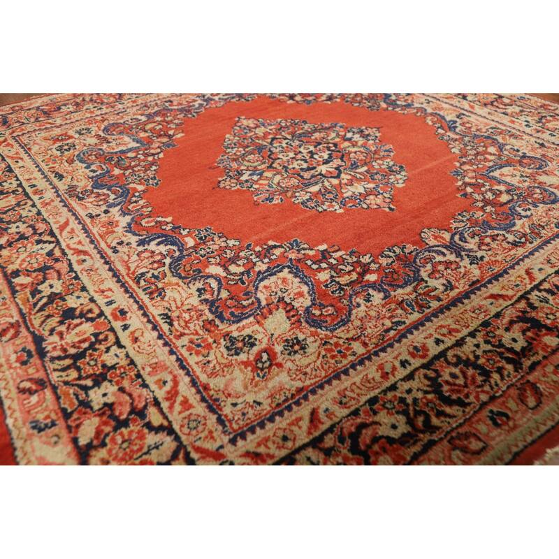 Orange Medallion Sarouk Persian Square Rug Handmade Wool Carpet - 5'1"x 5'2"