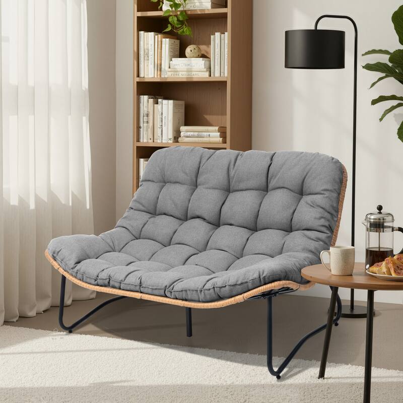 Double Papasan PE Rattan Chair Loveseat with Cushion For Indoor Outdoor - DarkGrey