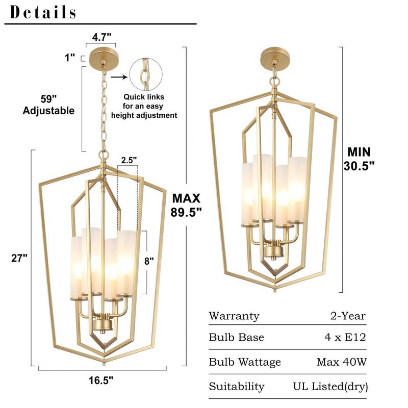 Modern Gold 4-Light Lantern Chandelier Geometric Glass Pendant Light Fixture for Kitchen Dining Room - 16.5"Dx27"H