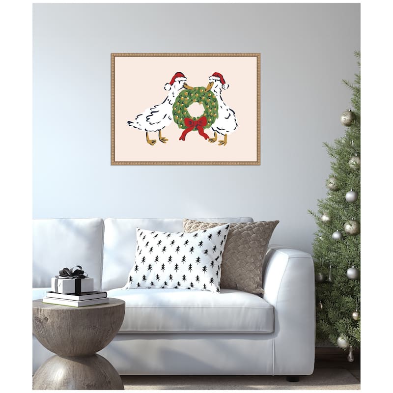 Kate and Laurel Sylvie Beaded Christmas Wreath Ducks Framed Canvas by Krissy Mast