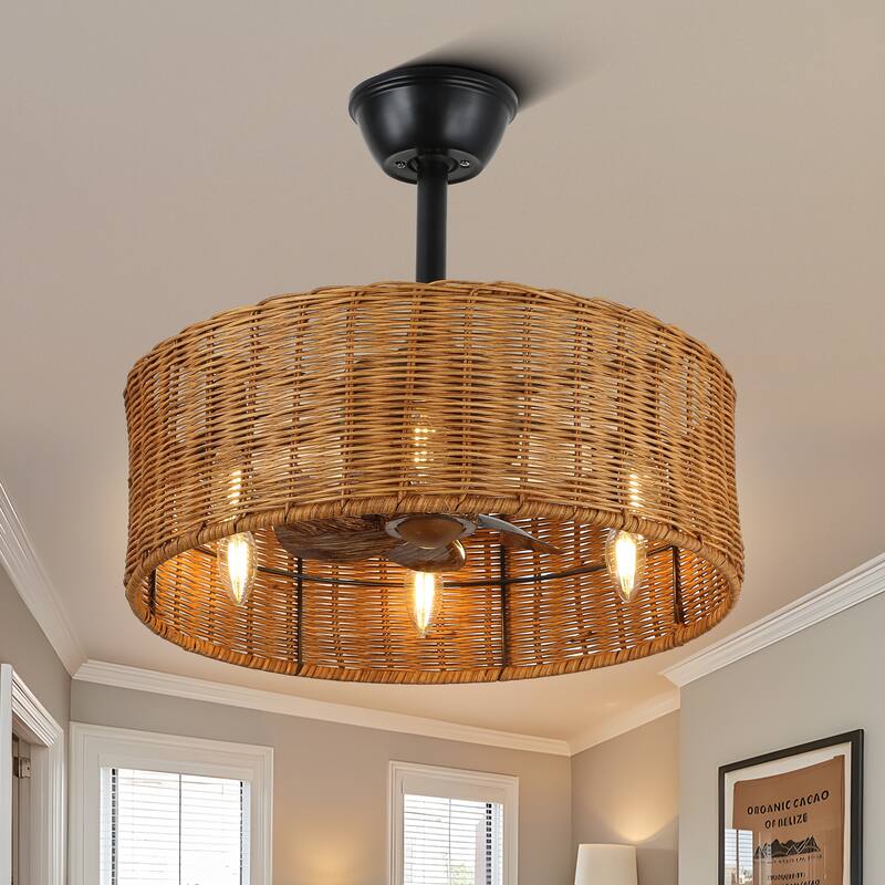 20" Oaks Aura Rattan Wicker Scandi-Style Silent 3- Speed Ceiling Fan with Lights, Zen Conception Ceiling Fan with Remote - Remote