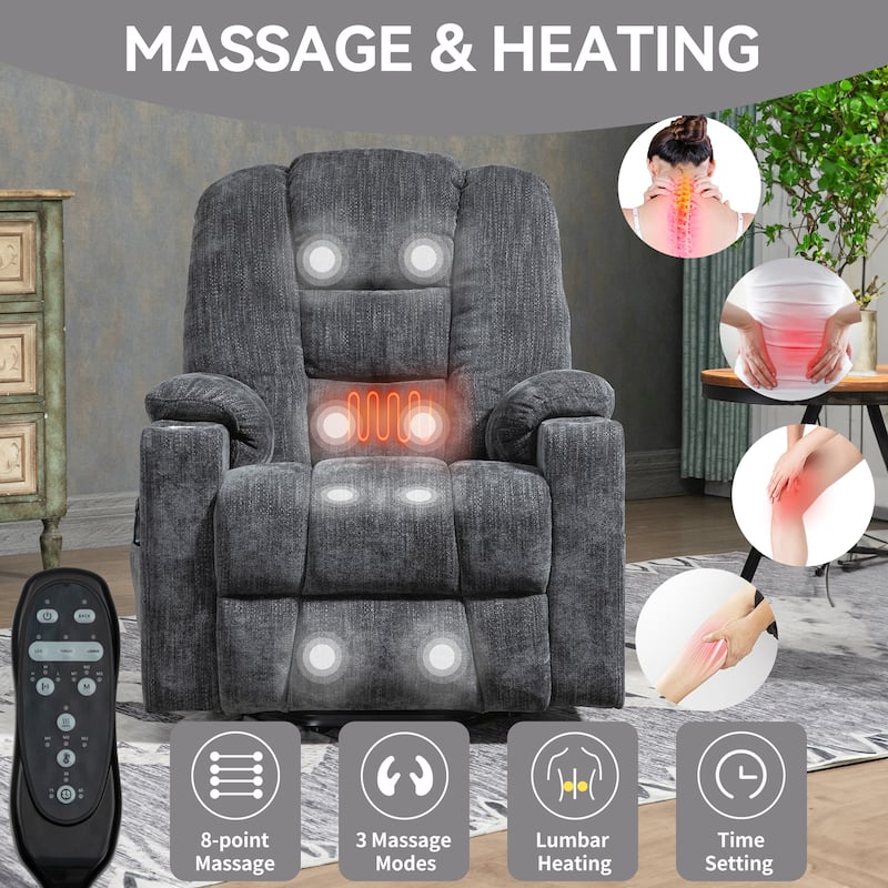 Power Lift Recliner Chair with Dual USB Ports, Cup Holders, Chenille Fabric, 155° Recline, Easy Assembly
