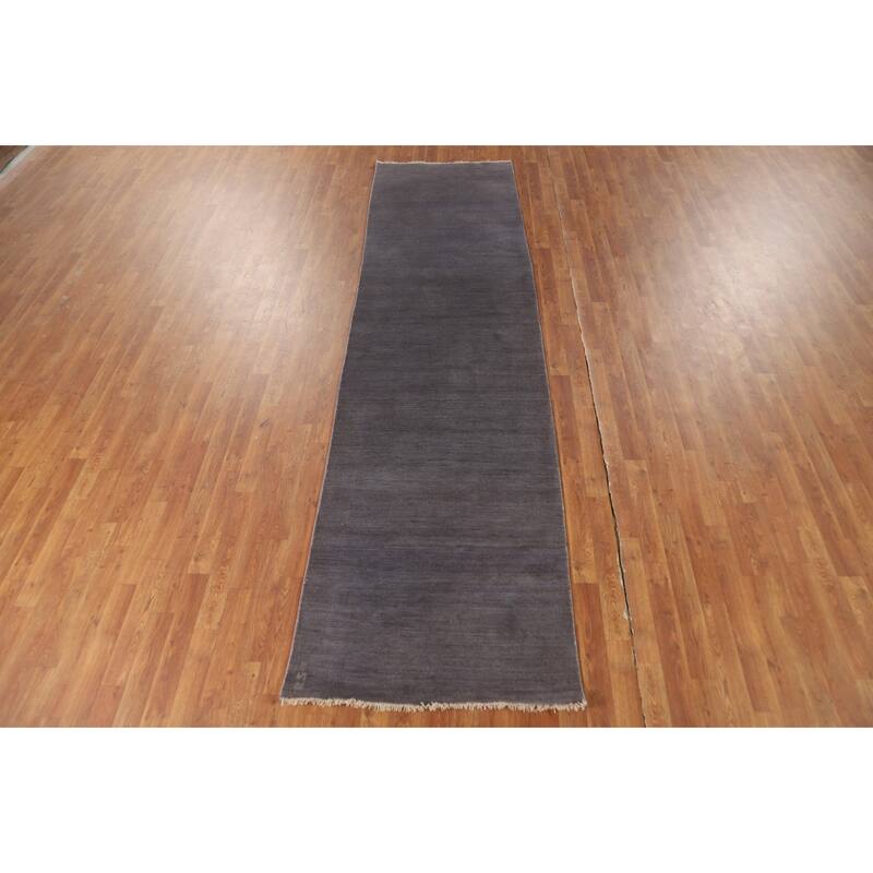 Gray Blue Modern Gabbeh Oriental Runner Rug Handmade Wool Carpet - 3'0"x 11'3"
