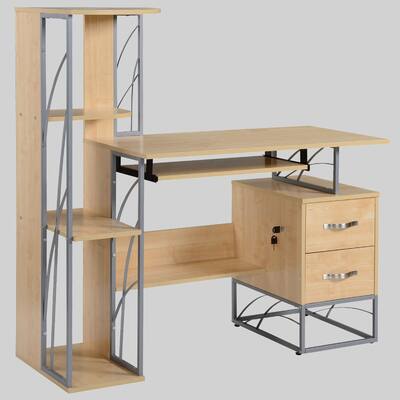 48" Home Office Writing Desk with 4-Tier Shelf, Pull-Out Keyboard Tray & Lockable Drawers for File Storage