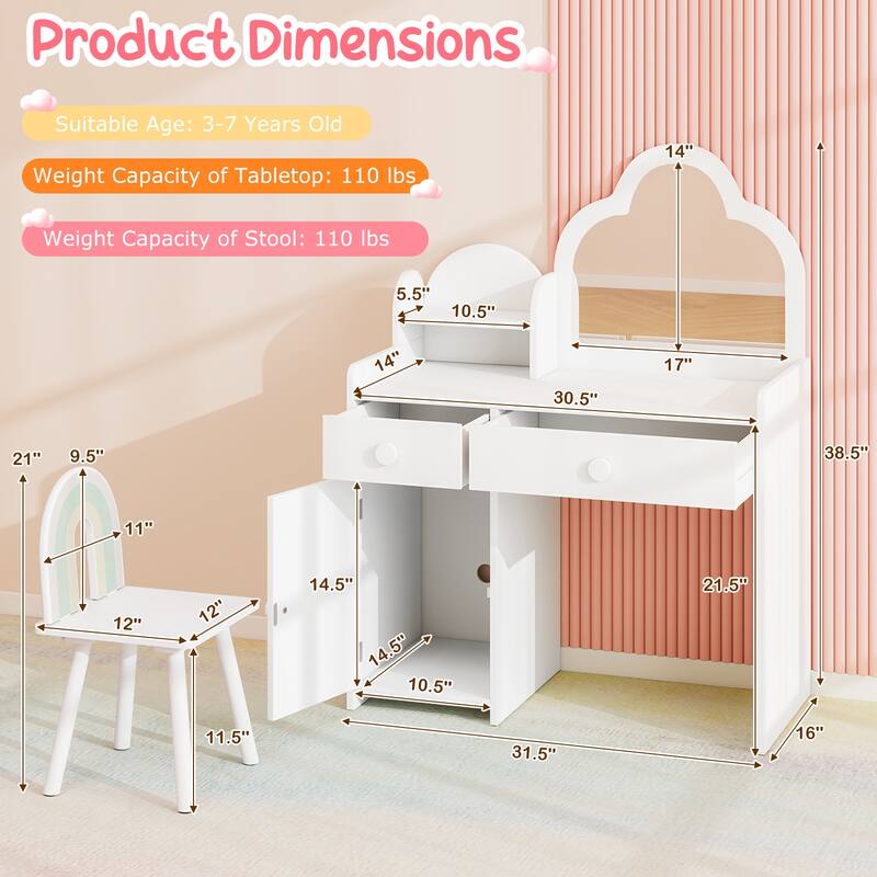 Children's Vanity Table and Stool Set with Mirror and Drawers Cabinet for Bedroom or Playroom - 31.5" x 16" x 38.5" (L x W x H)