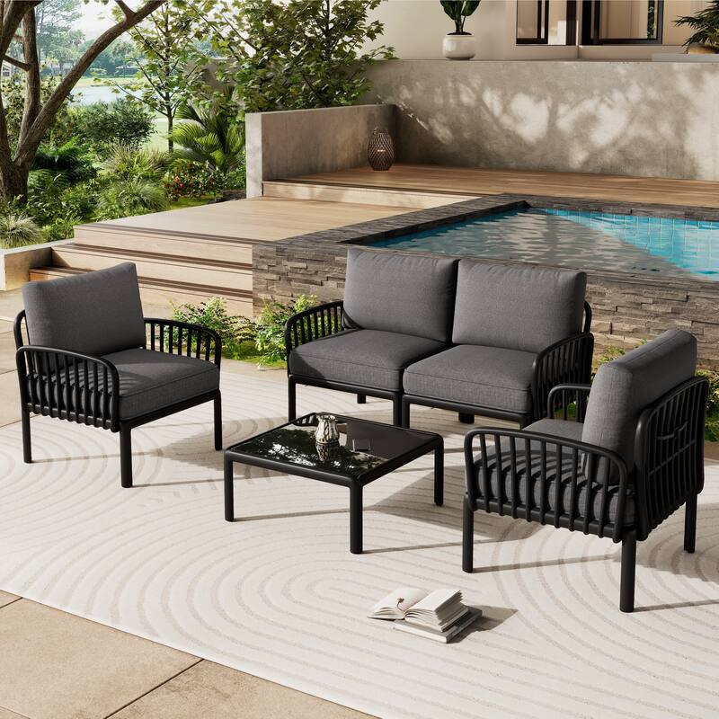 Roomfitters 5-Piece Outdoor Sectional Patio Conversation Set with Coffee Table and Deep Cushion - Black+ Gray