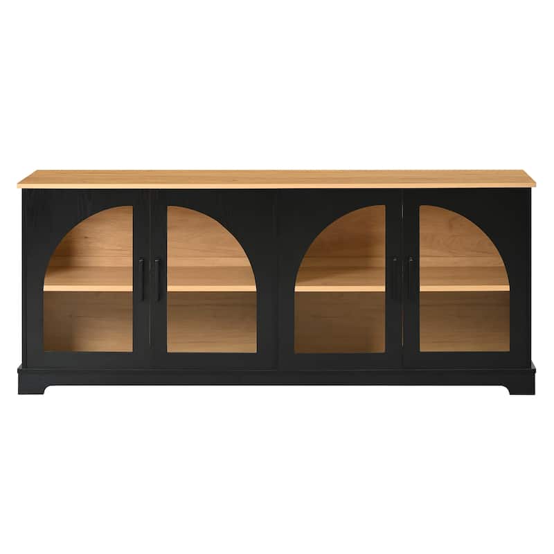 Farmhouse TV Stand with Semi-Arched Glass Doors for TVs Up to 70",Adjustable Shelves,Wood Grain Sideboard with Cable Management