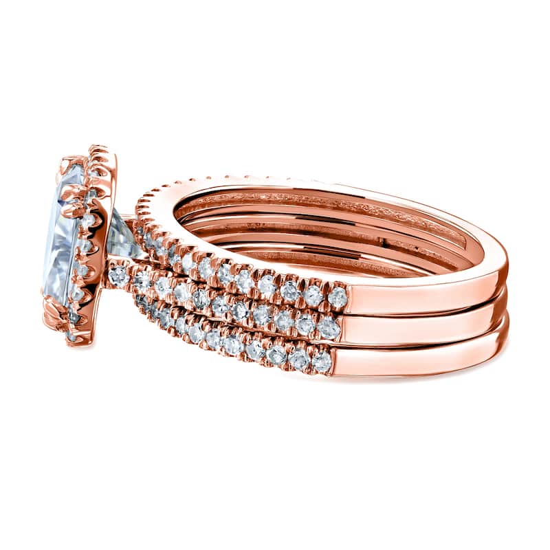 Kobelli 2.5 Carats Moissanite & Natural Diamond 14k Solid Gold Raised Cushion Halo Eternity Bands Capri 3pc Bridal Set