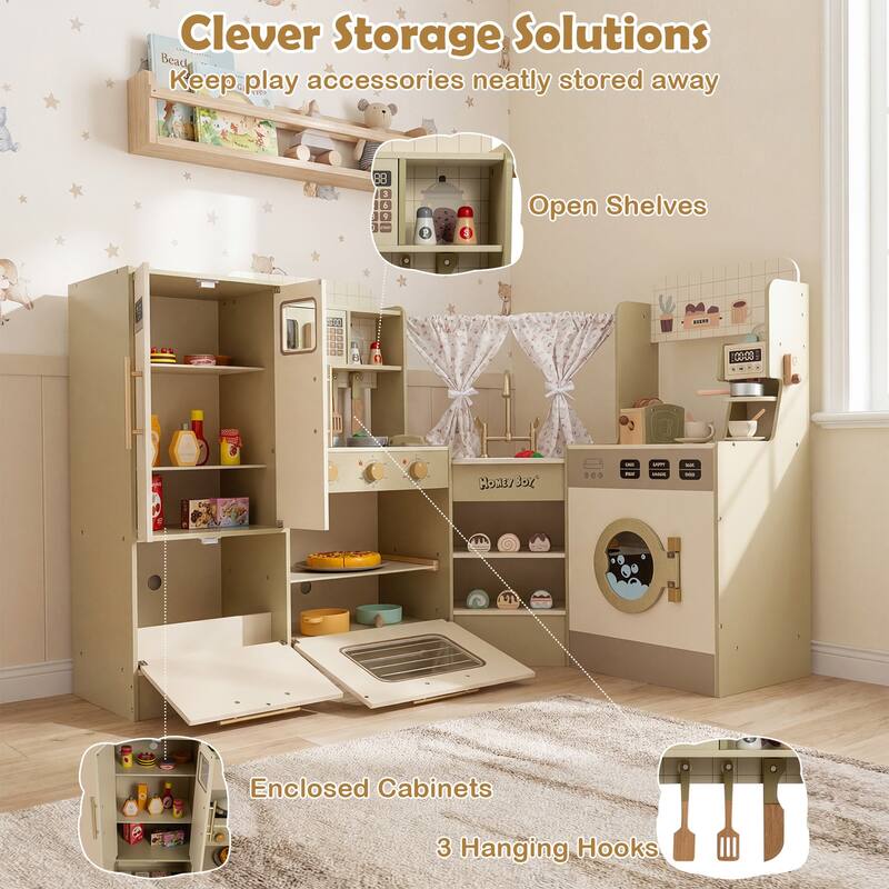 Gymax Kids Corner Play Kitchen w/Faucet Dishwasher Stoves Coffee