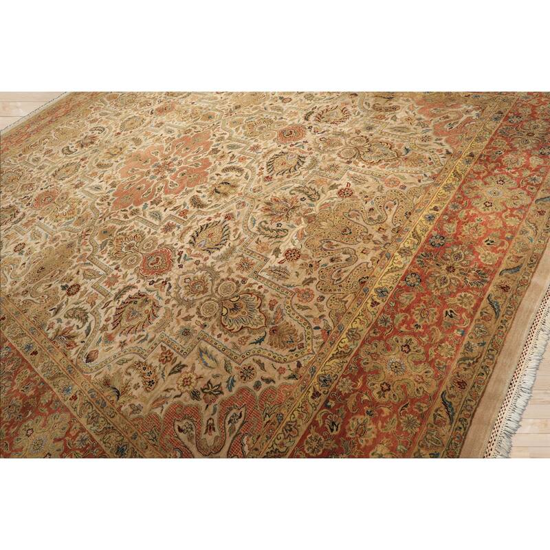 12'1''x15 Hand Knotted Wool Beige Agra Traditional Botanical Oriental Area Rug - 12' 1'' x 15'