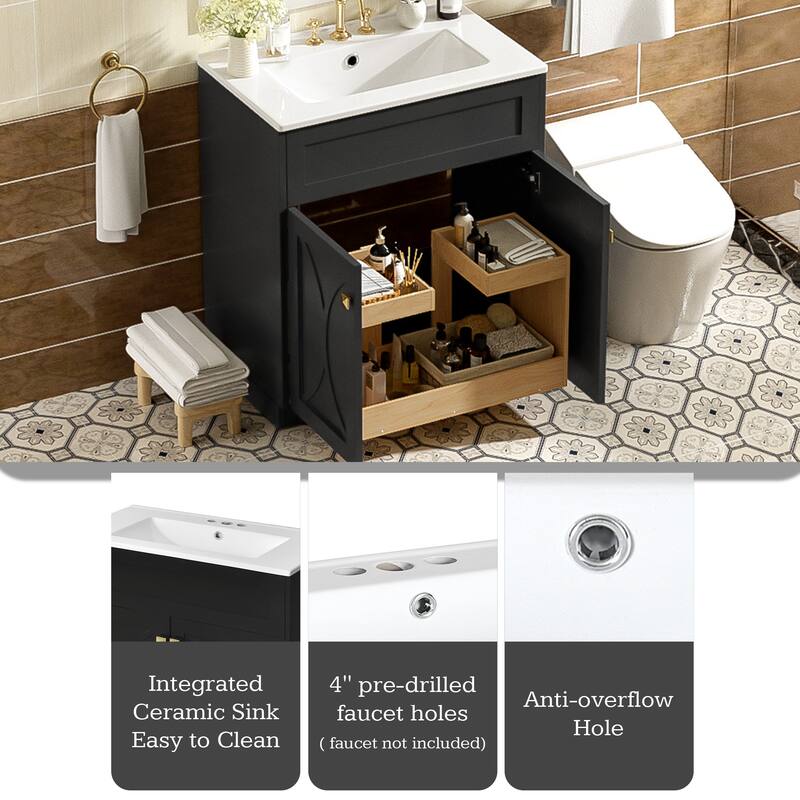 60"Bathroom Vanity with Ceramic Sink Combo, Modern Freestanding Storage Cabinet with Gold Handles, Soft Closing Doors