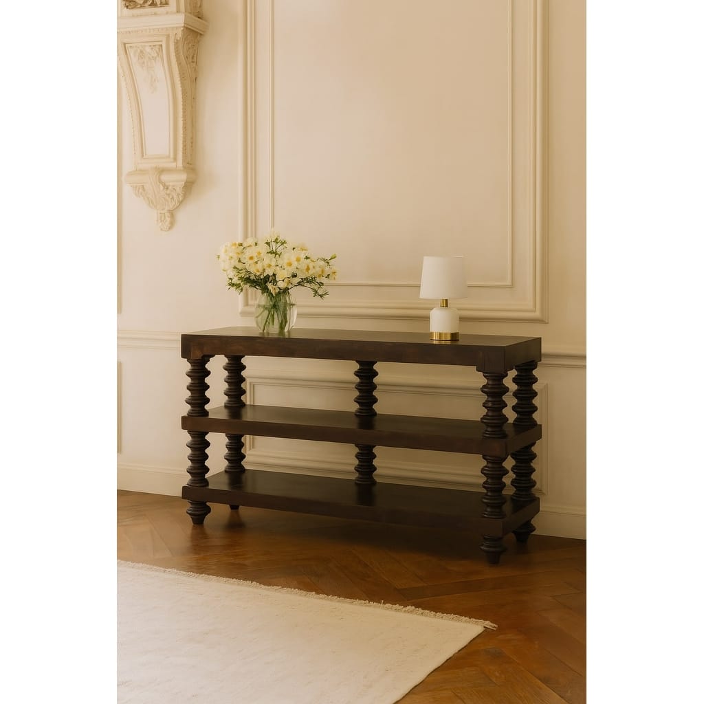 Artisan Furniture Solid Wood Spindle Shelf Console in Carbon Ash, Black with storage