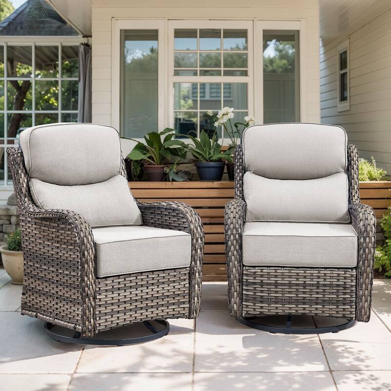 Arcadia Wicker Patio Swivel Glider Chairs with 6-Inch Cushions (2-Pack) - Beige Cushions - Gray Wicker