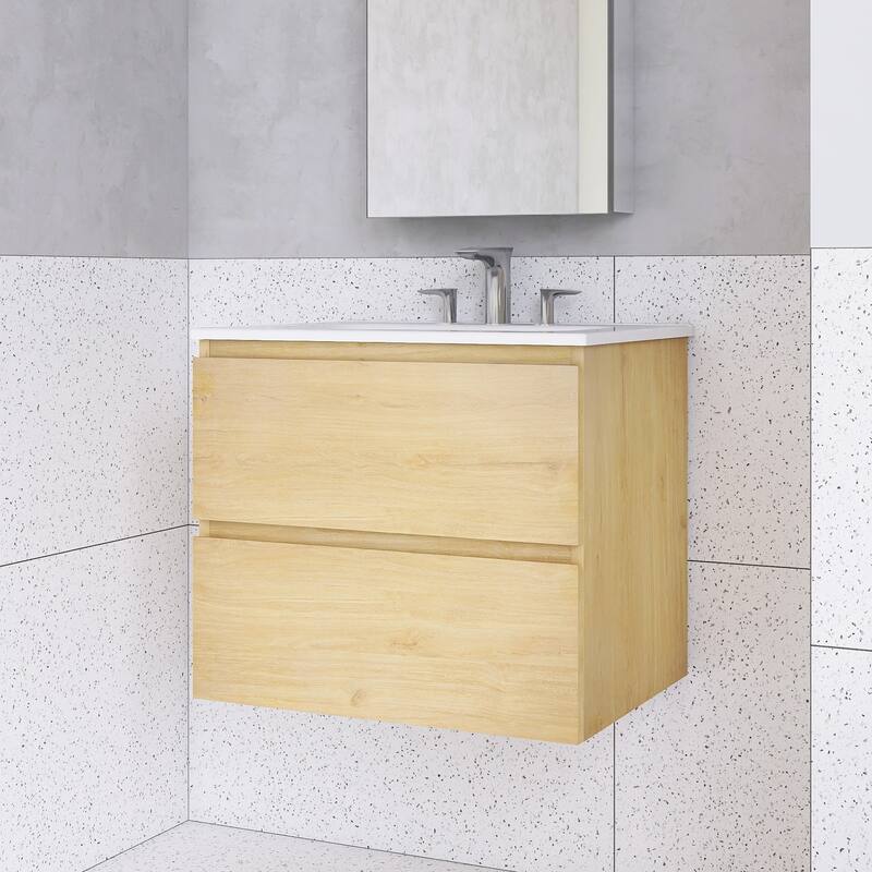 Floating Integrated Bathroom Vanity with Ceramic Sink, Three Faucet Holes