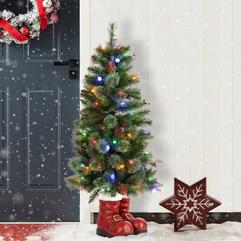 Glitzhome 4.5ft LED Lighted Christmas Tree with Santa Boots Base, Berry Bow Wreath, Garland Set for Front Door Entryway