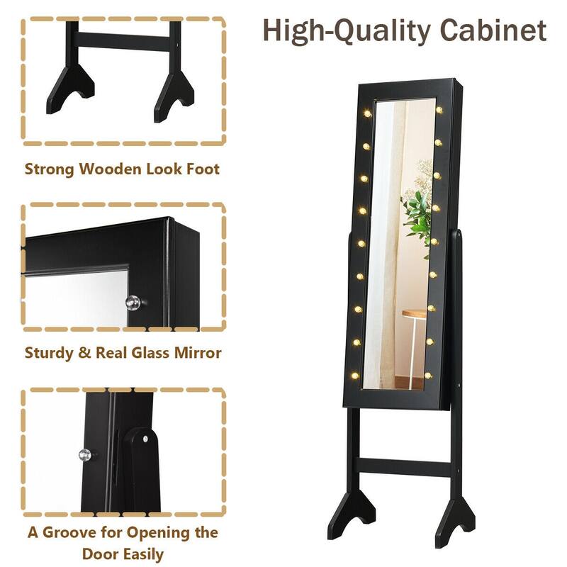 LED-Lighted Standing Jewelry Armoire Storage Cabinet with Full Length Mirror - 14" x 12.5" x 57" (L x W x H)