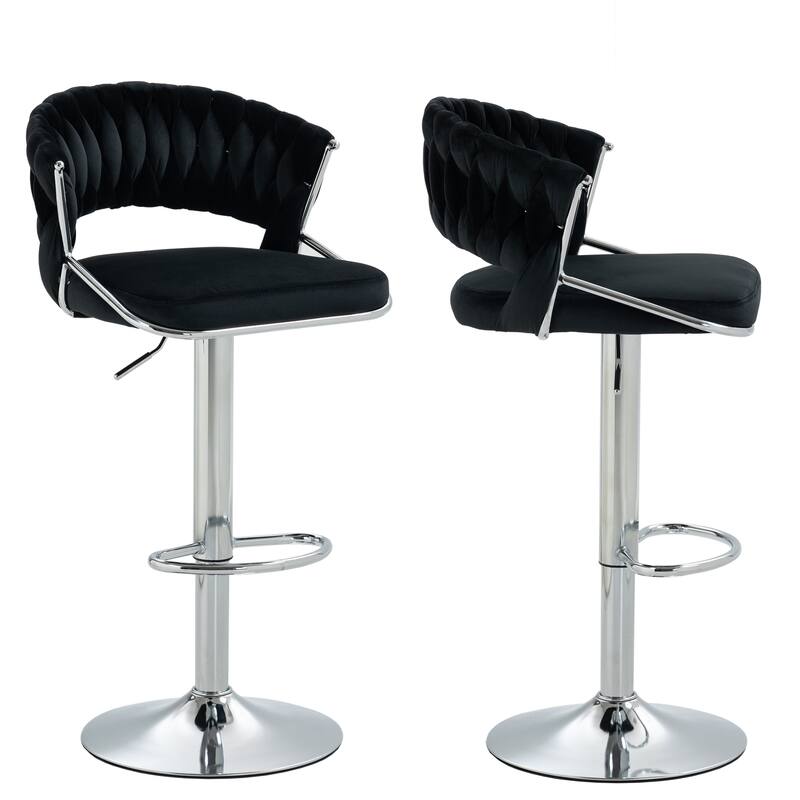 Modern Velvet Counter Bar Stools with Backs(Set of 2) - Black-Silver