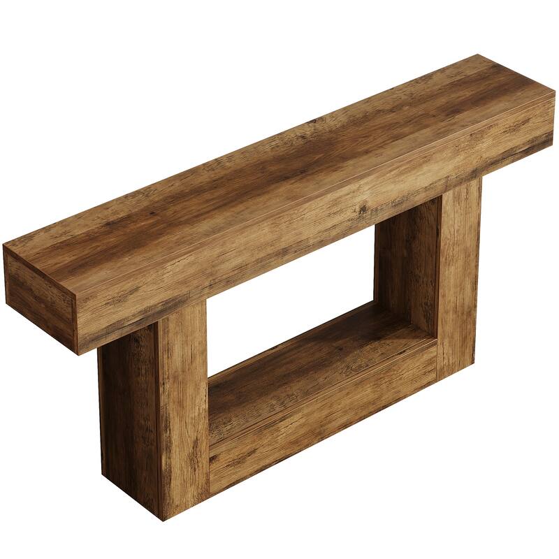 63" Farmhouse 2-Tier Rustic Console Table with Storage Shelf & U-Shaped Gray Base