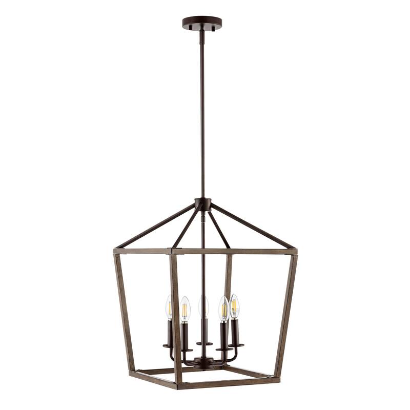 Oria Iron Farmhouse Industrial Lantern LED Pendant, Oil Rubbed Bronze/Faux Wood by JONATHAN Y