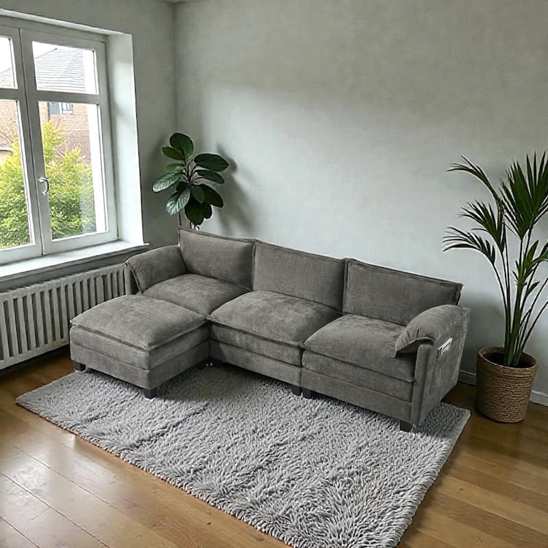 L-Shaped Corduroy Corner Sofa with Storage Armrest Cushions, Modular Cloud Sofa, 3-Seat Sectional