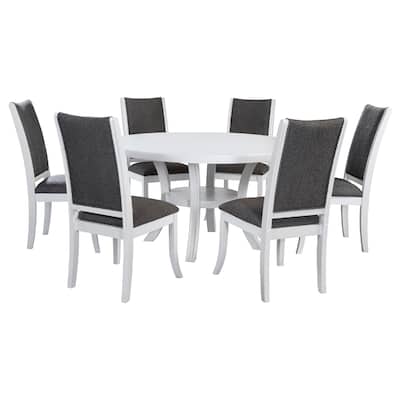 Judy 7pc Round Dining Table Set, Flared Legs, Gray Fabric, White Wood
