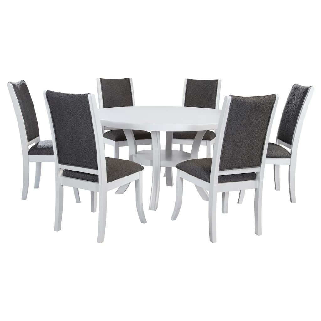 Judy 7pc Round Dining Table Set, Flared Legs, Gray Fabric, White Wood