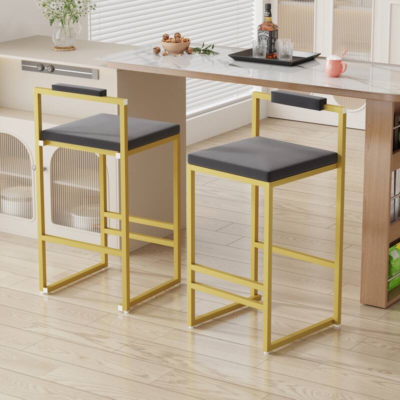 Set of 2 Velvet Bar Stools with Backrest & Footrest, Counter Height Dining Chairs for Kitchen Island - Gold & Gray