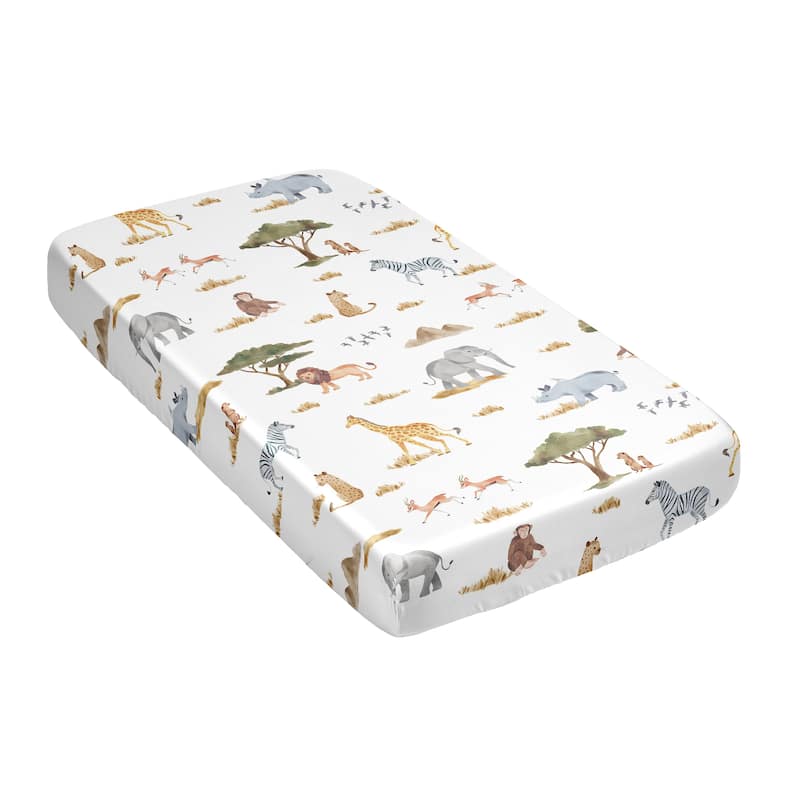 Sweet Jojo Designs Jungle Animals Boy Girl Gender Neutral Satin Fitted Crib Sheet Boho Wildlife Safari Elephants Giraffe Lion