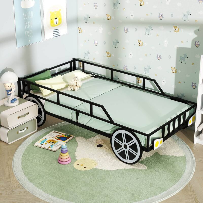 Costway Twin Car-Shaped Metal Bed Frame with Wheels Decorations Safety