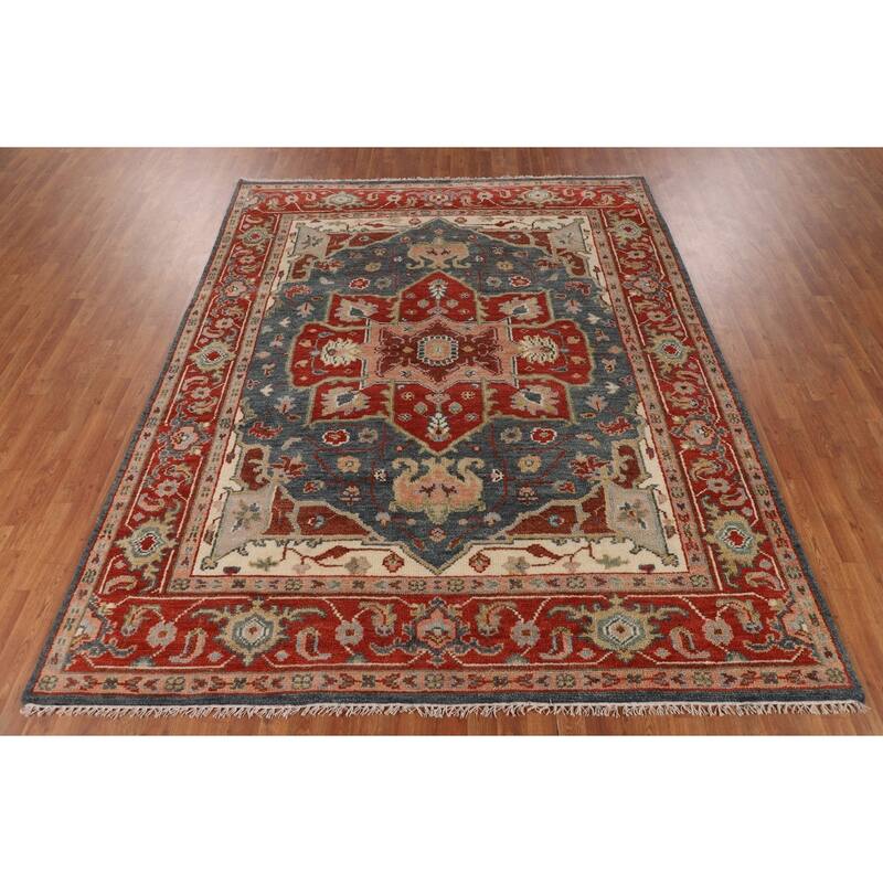 Blue & Orange Heriz Serapi Indian Area Rug Hand-Knotted Wool Carpet - 7'11"x 9'10"