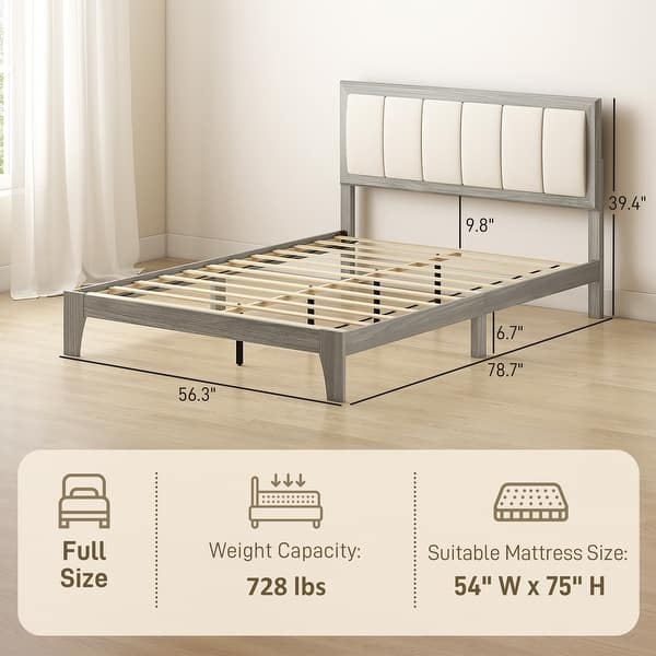 dimension image slide 3 of 7, HOMCOM Full Size Bed Frame with Upholstered Headboard, Platform Bed Frame with Wooden Slats