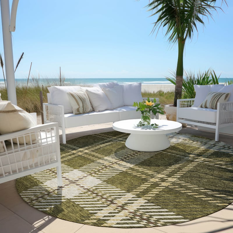 Machine Washable Indoor/ Outdoor Chantille Plaid Cozy Rug - Olive - 8' x 8'