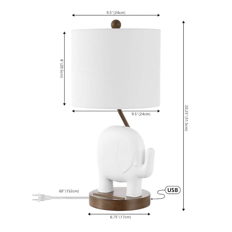 Campana 20.25" Bohemian Designer Iron/Resin Elephant LED Kids Table Lamp with Phone Stand and USB Charging Port, by JONATHAN Y