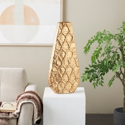 Gold Metal Textured Concaved Teardrop Vase with Spotted Gray Accents